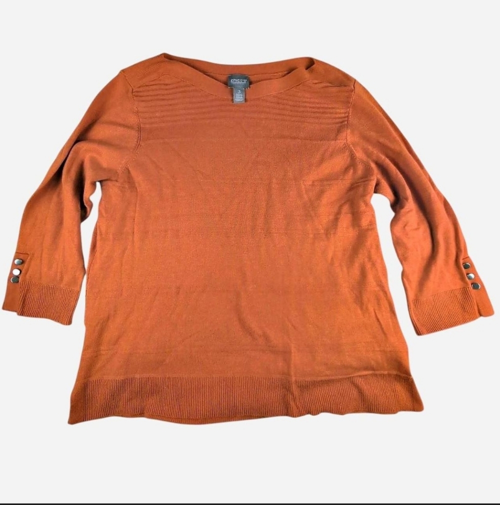 Chicos orange sweater with stripes 3/4 sleeves with gold button detail‎ Size 3